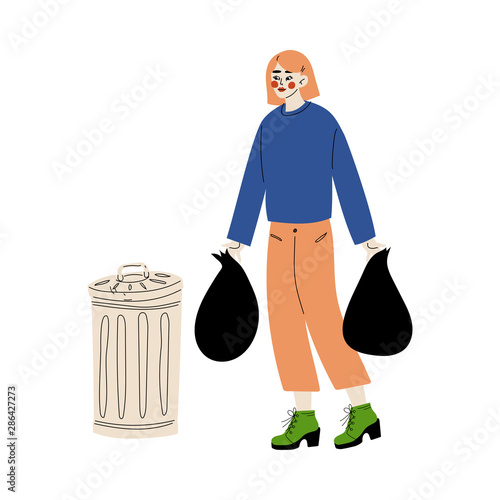 Young Woman Holding Trash Sack of Household Waste Near Garbage Container, Girl Throwing Plastic Bag into Trash Bin Vector Illustration