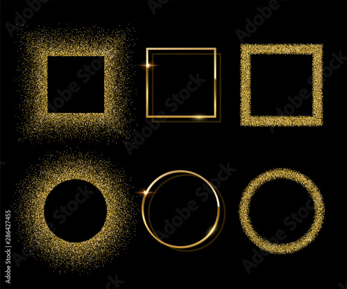 Golden shiny round and square frames with shadows isolated on black background. Vector golden luxury realistic border set.