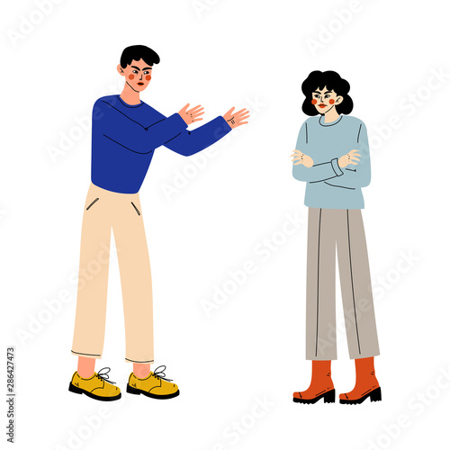 Young Couple Quarreling, Furious Man Shouting at Offended Girl, Girlfriend Asking Forgiving, Disagreement in Relationship, Negative Emotions Vector Illustration