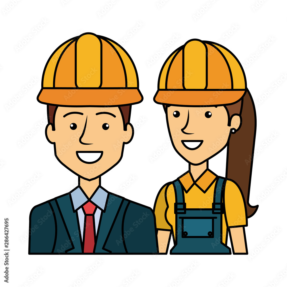 engineer and female builder with helmets avatars characters