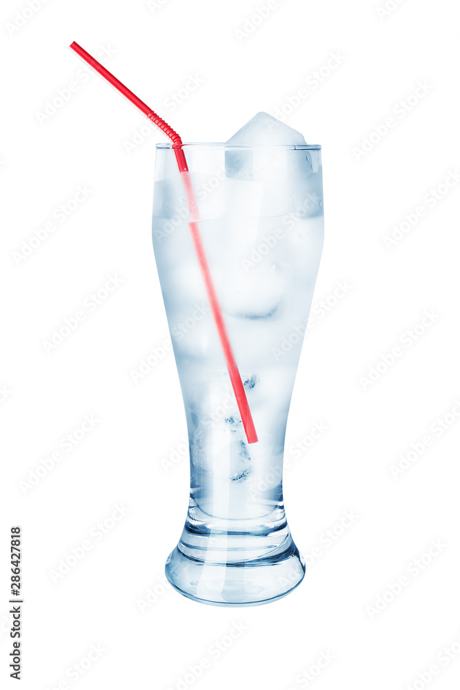 One transparent glass full of cool crystal clear water, ice cubes and red plastic  drinking straw