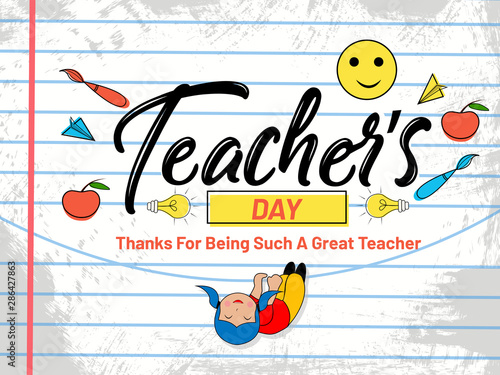 Happy Teacher's Day. Creative Colorful Hand Drawn Doodle Set of Objects on grunge brush Background for Happy Teacher's Day Celebration. Hanging cute girl with happiness_Vector,illustration.