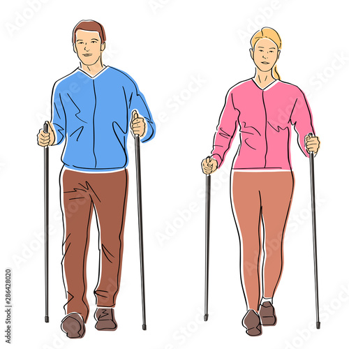 Nordic or scandinavian walking. Man and woman with sticks. Safe fitness for young couple. Black isolated contour and colors. Hand drawn style. Vector element. Colorful flat illustration.