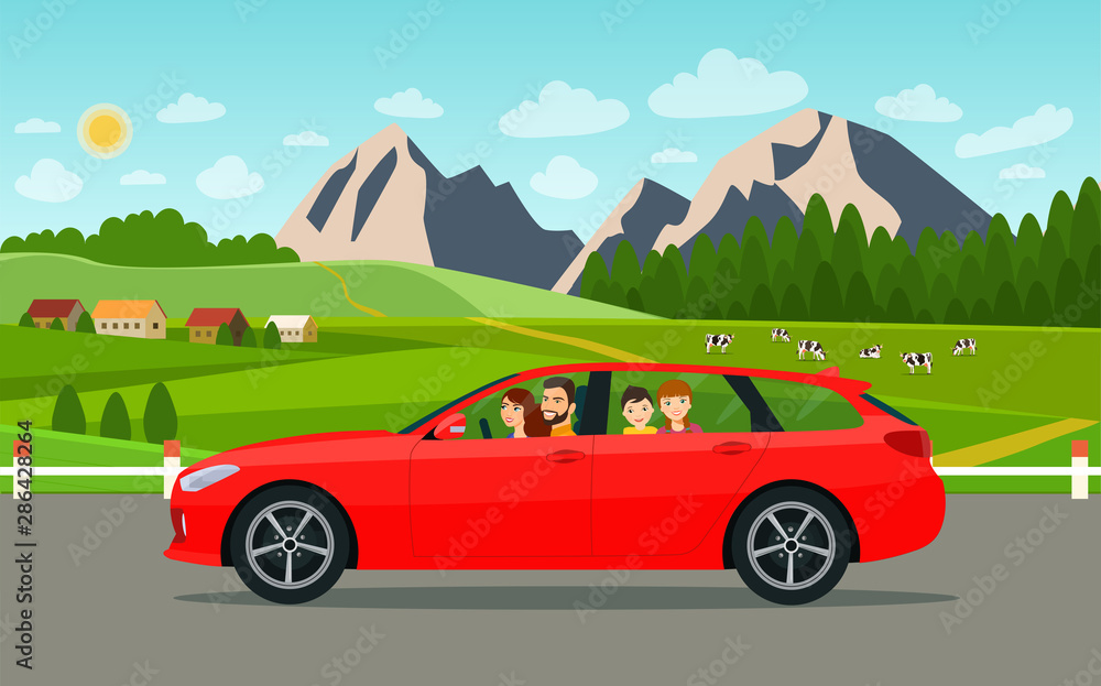 Family driving in station wagon car on weekend holiday. Summer landscape. Vector flat style illustration. Family driving in station wagon car on weekend holiday. Summer landscape. Vector flat style illustration.