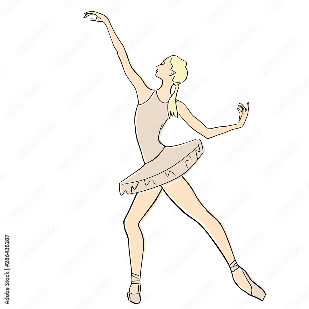 Ballerina in ballet tutu and pointe shoes on her toes. Classical dancer silhouette in elegant pose. Vector flat illustration. Isolated hand drawn black contour and pastel colors.