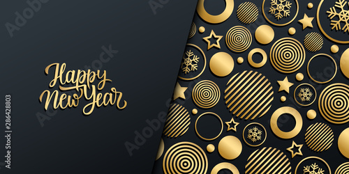 New Year luxury holiday banner with gold handwritten inscription Happy New Year and gold colored christmas balls, stars and snowflakes. Vector illustration.