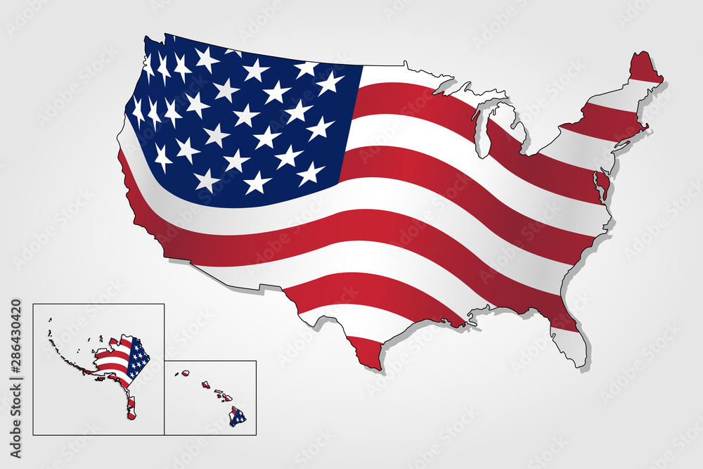 USA map combined with waving USA flag. USA silhouette or border for geographic themes - vector USA map combined with waving USA flag. USA silhouette or border for geographic themes - vector