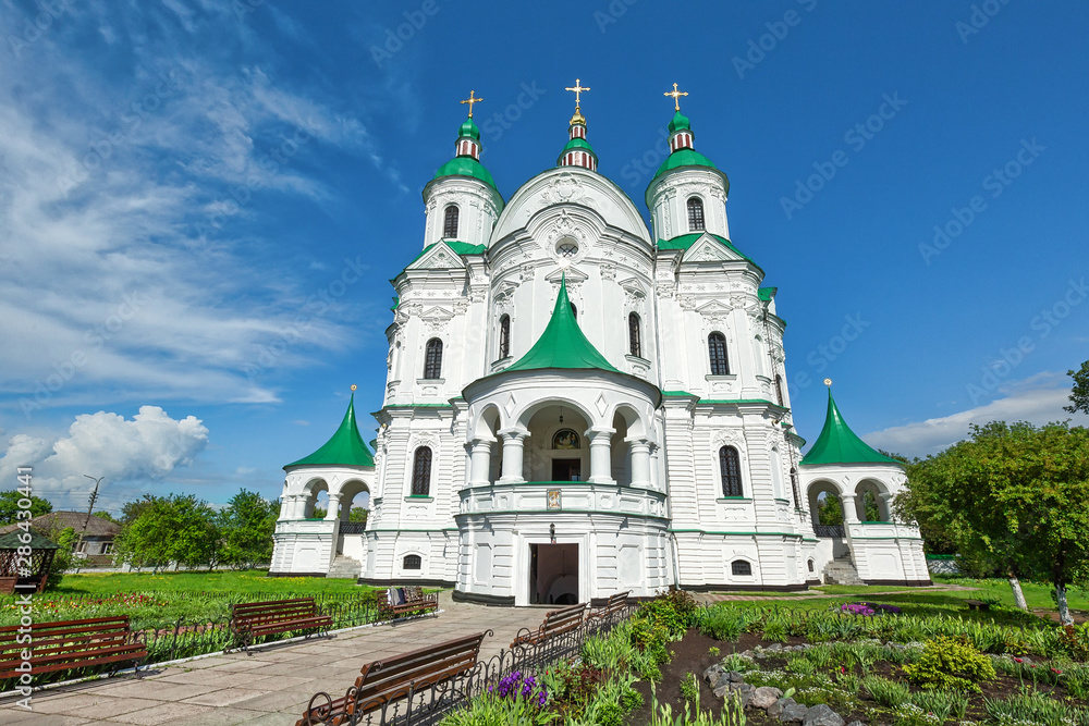 Beautiful white green-domed orthodox church in Ukrainian town of Kozelets
