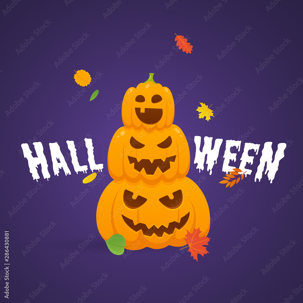 Happy Halloween text postcard banner with cary face on pumpkins, autumn leaves and text halloween isolated on dark background flat style design.