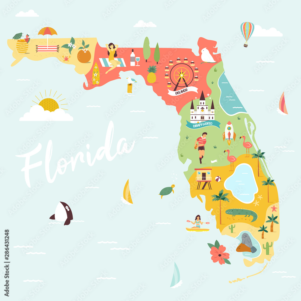 An Illustrated map of Florida with destinations An Illustrated map of Florida with destinations