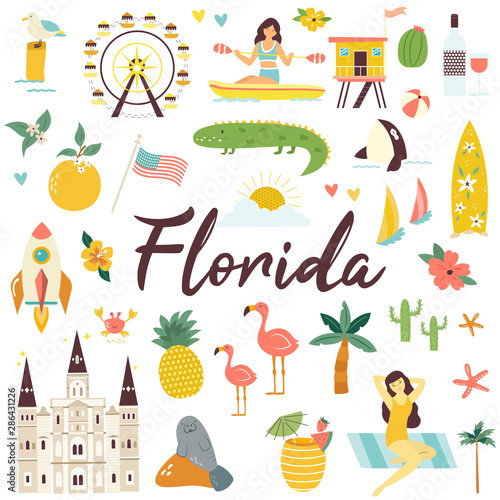 Big set of Florida icons, symbols, landmarks