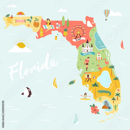 An Illustrated map of Florida with destinations