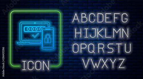 Glowing neon Multi factor, two steps authentication icon isolated on brick wall background. Neon light alphabet. Vector Illustration