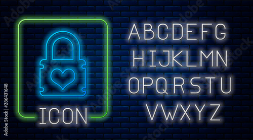 Glowing neon Padlock with heart icon isolated on brick wall background. Locked Heart. Love symbol and keyhole sign. Neon light alphabet. Vector Illustration