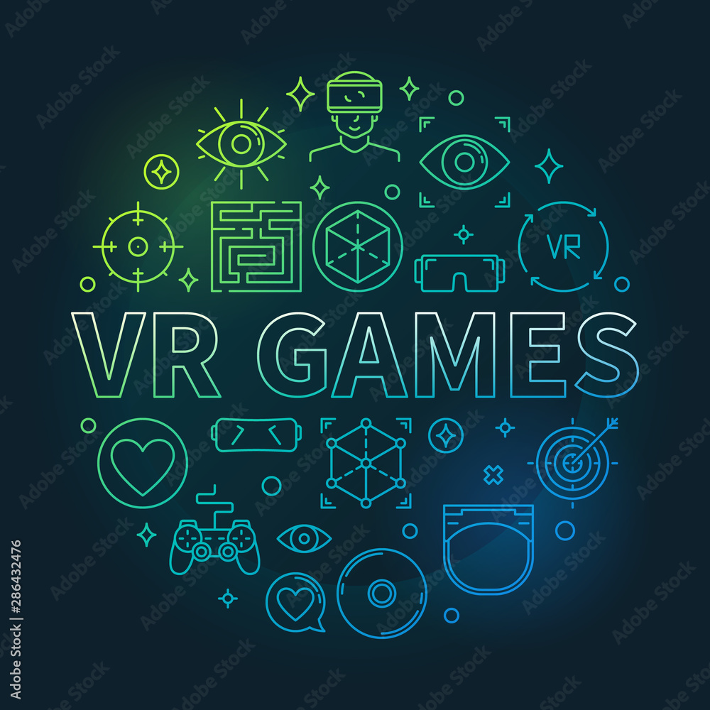 Vector VR Games round concept colorful outline illustration on dark background