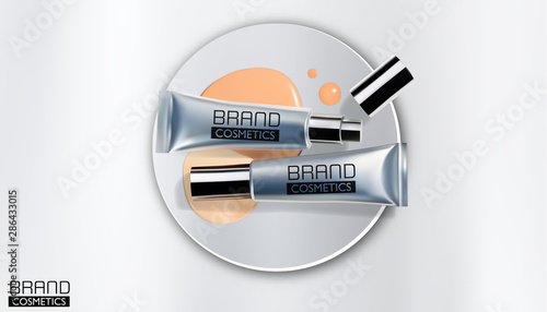 Silver cosmetic bottle on silver paper cut background, package template, realistic design, vector illustration