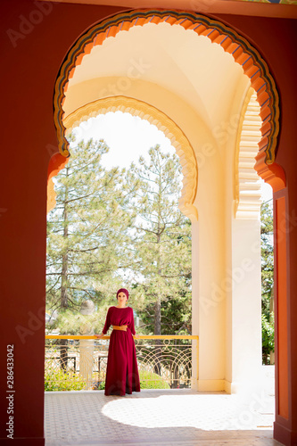 A portrait of a beautiful girl looks away and smiles beautifully against the background of the Stamboli cottage on 1.06.2019.