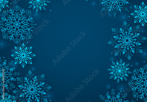 Winter snowflakes vector background. Winter snow background in blue color and blank space for greeting text. Vector illustration. 