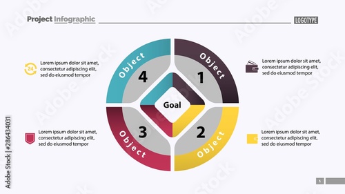 Pie chart with four parts template. Business data. Diagram, infographic, design. Creative concept for infographic, template, presentation. Can be used for topics like management, marketing, analysis.