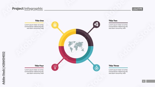 Pie chart with four elements. Infographic circle, option diagram, layout. Creative concept for infographics, presentation, project, report. Can be used for topics like business, management, planning.