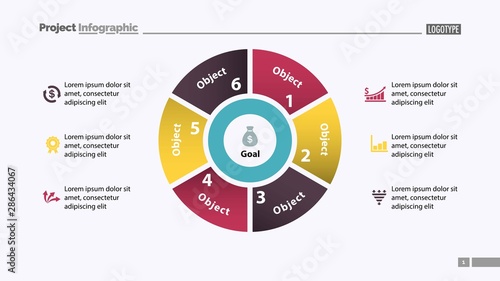 Pie chart with six parts template. Business data. Diagram, infographic, design. Creative concept for infographic, template, presentation. Can be used for topics like management, marketing, analysis.