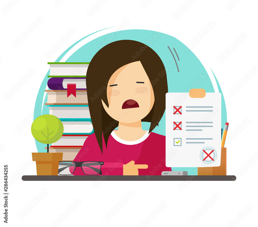 Failed exam or bad test results vector illustration, flat cartoon unhappy  pupil or student stressed woman or girl not passed examination,  disappointed person with study mark image Stock Vector | Adobe Stock