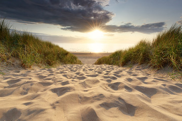 Foto auf Acrylglas Nordsee sandweg zum nordseestrand bei sonnenuntergangssonne  © Olha Rohulya