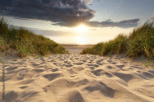 sand path to North sea beach at sunset sunshine