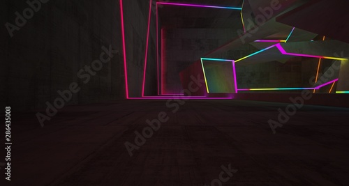 Abstract architectural concrete interior of a minimalist house with color gradient neon lighting. 3D illustration and rendering.