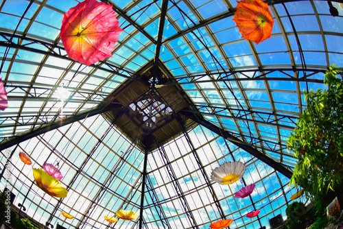 sombrillas de colores rosa, amarillo, naranja, con forma de flores, entro del Muttart Conservatory, en la ciudad de Edmonton, Alberta Canadá, con un cielo azul nubes blancas.