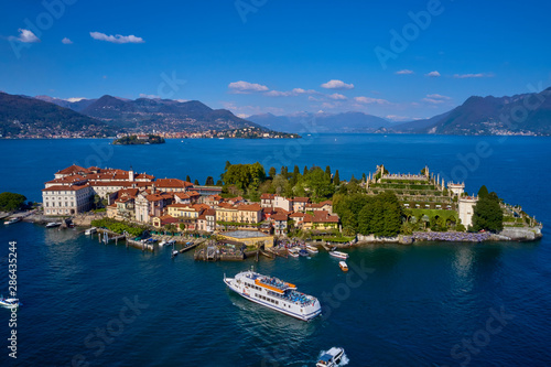 The famous island of Isola Bella. Aerial photography with drone, lake Maggiore, Italy. photo