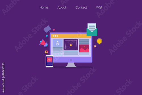 Colorful flat design illustration of content marketing, internet advertising, digital technology, web banner, background, presentation.