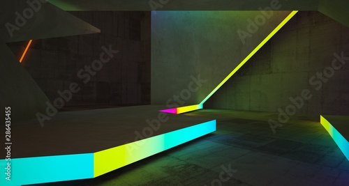 Abstract architectural concrete interior of a minimalist house with color gradient neon lighting. 3D illustration and rendering.