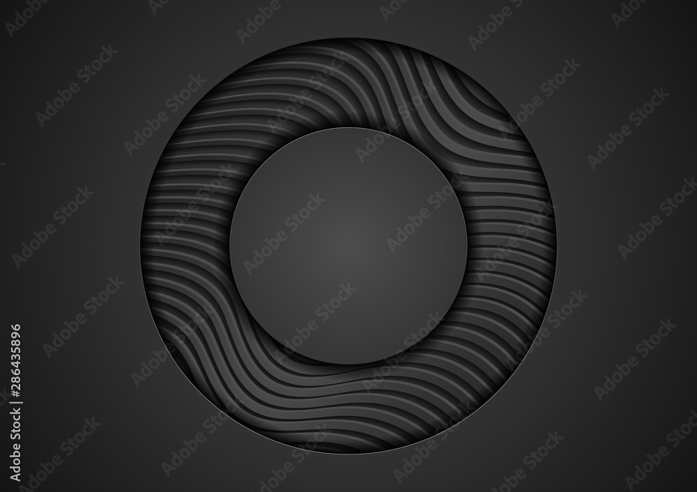 Black technology circle with waves pattern texture. Tech papercut composition. Abstract futuristic corporate background. Vector design Black technology circle with waves pattern texture. Tech papercut composition. Abstract futuristic corporate background. Vector design