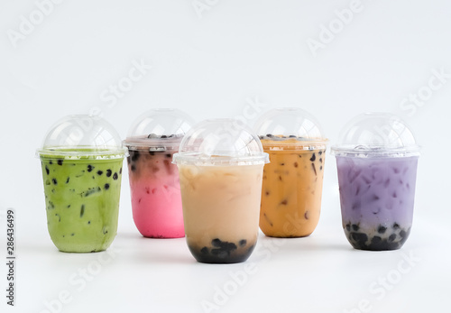Variety of bubble milk tea,Taiwan milk tea in plastic glass with white background.