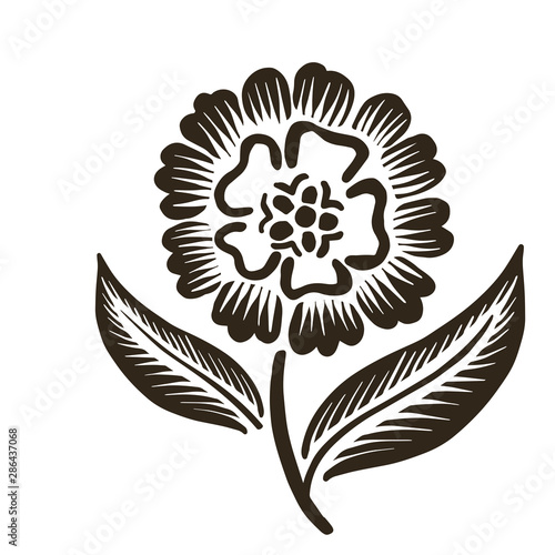 Stylized floral vector design. Elements isolated on white background. In black and white style. Can be used for printing on paper  stickers  badges  bijouterie  cards  textiles  tattoos.