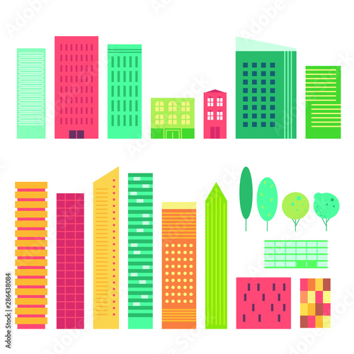 Vector set of city landscape elements, buildings and trees. Simple minimal geometric flat style 