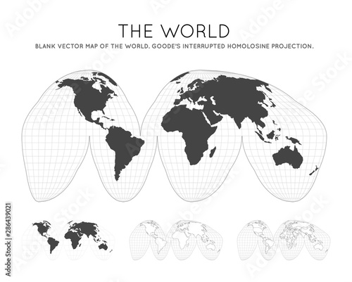 Map of The World. Goode's interrupted homolosine projection. Globe with latitude and longitude lines. World map on meridians and parallels background. Vector illustration.