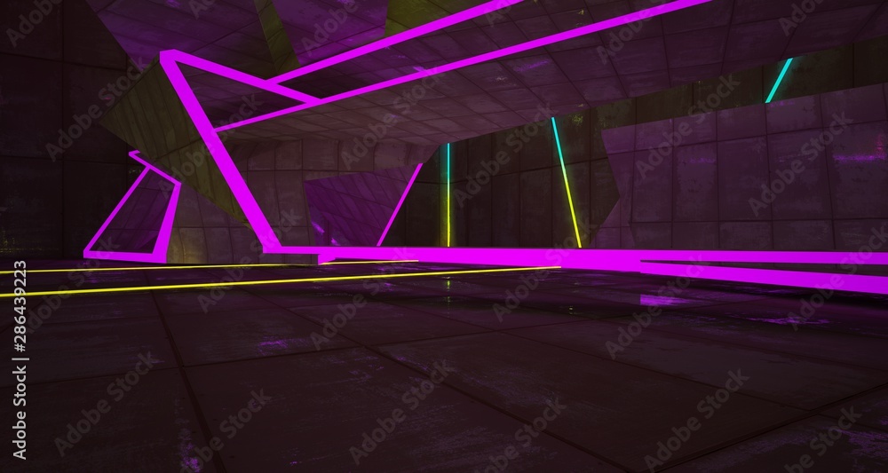 Abstract Concrete and Rusty Metal Futuristic Sci-Fi interior With Colored Glowing Neon Tubes . 3D illustration and rendering.