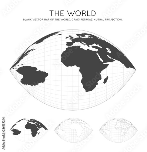 Map of the World. Craig retroazimuthal projection. Globe with latitude and longitude lines. World map on meridians and parallels background. Vector illustration.