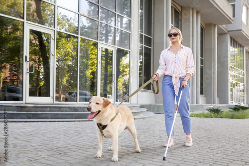 Young blind woman with guide dog outdoors