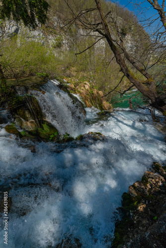 Plitvice Lakes national park and most amazing waterfall scenery in Spring.
