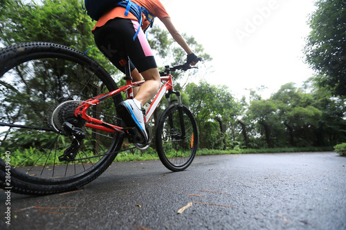 Woman cyclist riding mountain bike on tropical rainforest trail © lzf