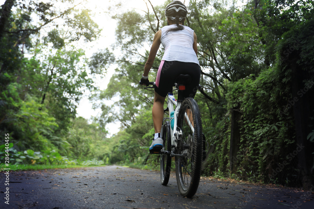 Fototapeta premium Woman cyclist riding mountain bike on tropical rainforest trail