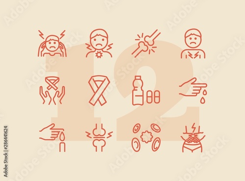 Disease line icon set. Set of line icons on white background. Health care concept. Band, bone break, pain. Vector illustration can be used for topics like medicine, drugs, hospital