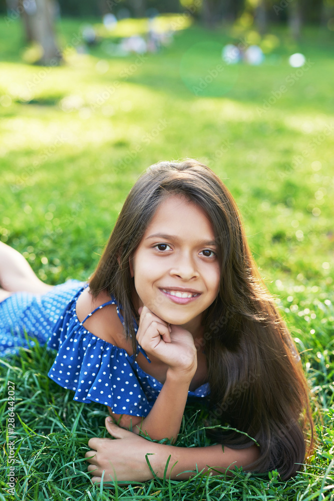 teenager girl on grass in summer at sunset teenager girl on grass in summer at sunset