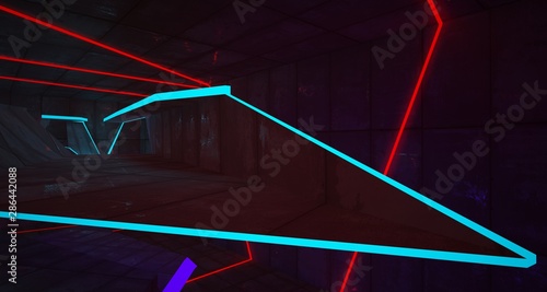 Abstract Concrete and Rusty Metal Futuristic Sci-Fi interior With Colored Glowing Neon Tubes . 3D illustration and rendering.