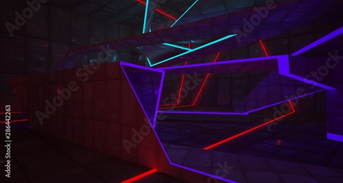 Abstract Concrete and Rusty Metal Futuristic Sci-Fi interior With Colored Glowing Neon Tubes . 3D illustration and rendering. © SERGEYMANSUROV