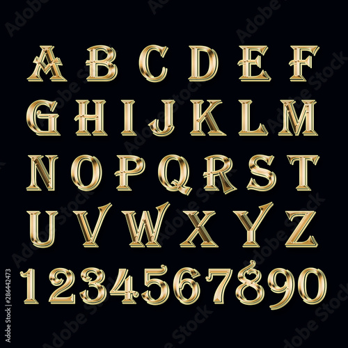 Golden alphabet and numbers on a black background.