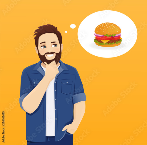 Handsome happy smiling man in casual clothes thinking about yummy burger vector illustration